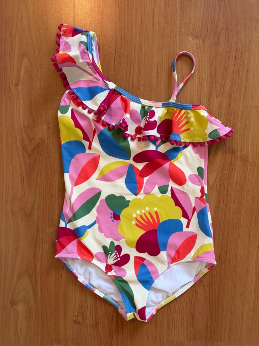 9-10Y | Boden One-Shoulder Floral Pom-Trim Swimsuit - Pink, Yellow, Blue, Green